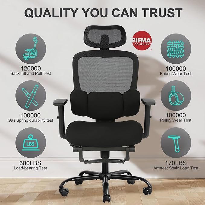Ergonomic Office Chair with Footrest, Mesh Desk Chair with Adjustable Headrest & Armrests & Dynamic Floating Wing Lumbar Support, High Back Computer Chair for Home Office, BIFMA Certified, Black