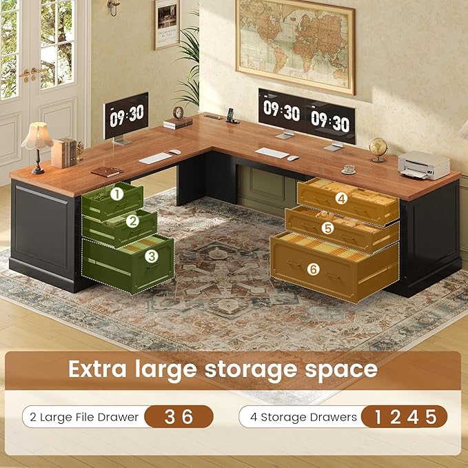 SEDETA Farmhouse 78.7" Executive L Shaped Desk with 6 Drawers, Home Office Desk with Power Outlet, File Cabinet Storage, Wood Corner Computer Desk for Work and Study, Black
