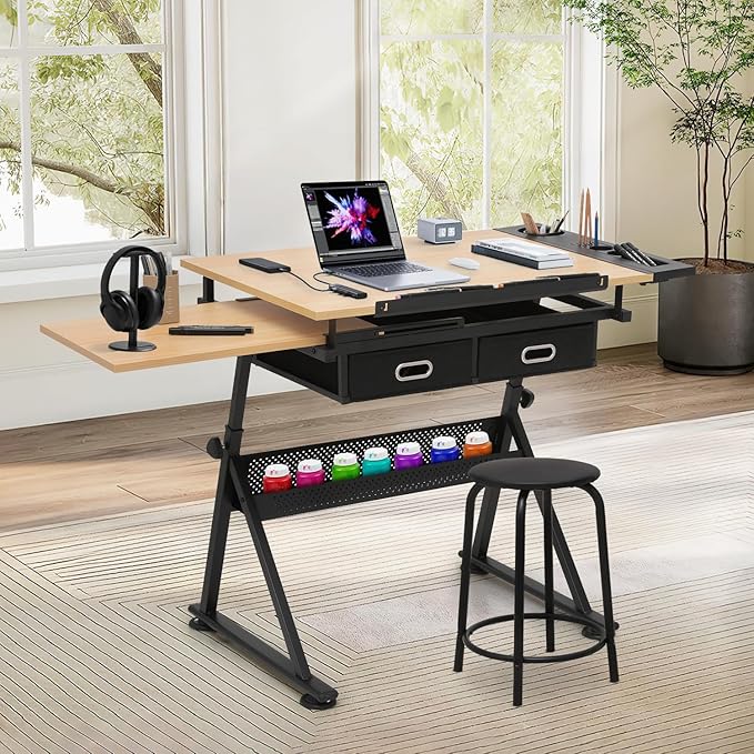 Athena Collection Drafting Table for Artists, Height Adjustable Drawing Table, Dual Desktop Art Desk Metal Frame Art Table Tiltable Craft Desk Paintings Work Station with Stool and Drawers, Natural