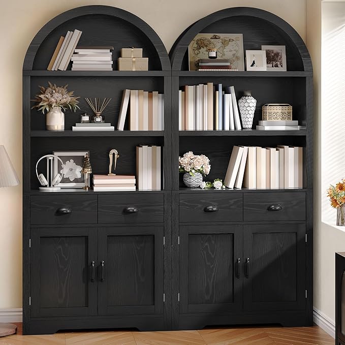 YITAHOME Arched Bookshelf, 71" Tall Bookcase with Drawers Arched Bookcase with Storage, Bookshelf Display Storage Rack with Adjustable Shelves for Living Room, Office, Black