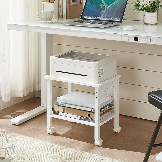 YUFAM 2 Tier Under Desk Printer Stand with Storage, Small Printer Table with Charging Station, Rolling Printer Cart Shelf with Lockable Wheels for Home, Office (White)