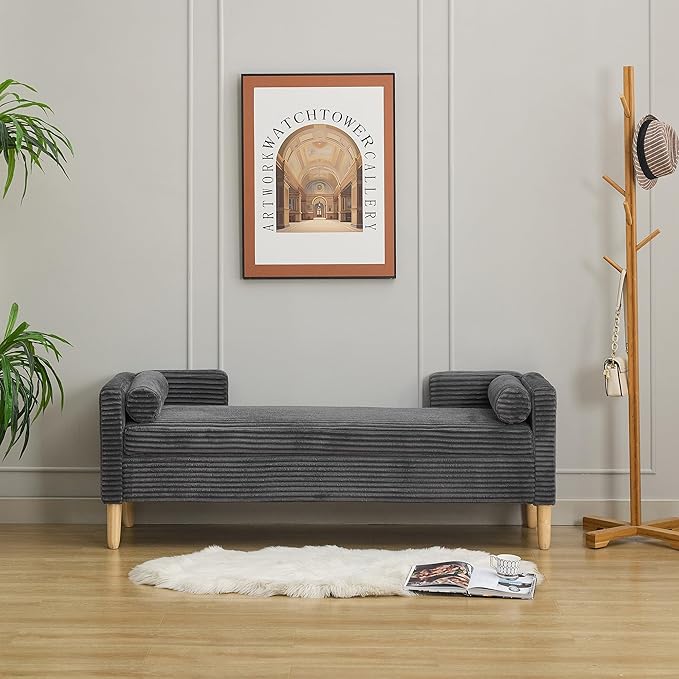 65.35"Wide Upholstered Flip-top Storage Accent Bed Bench, Corduroy Footrest Ottoman with Armrests&Backrest&2 Bolster Pillows Wood Legs for Living Room, End of Bed, Hallway, Entryway Bedroom. Charcoa