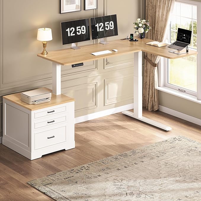 SEDETA Farmhouse L Shaped Electric Standing Desk, 70.9" x 39.4" Height Adjustable Office Executive Desk with 3 Drawers, Standing Computer Desks with Power Outlet for Home Office, Oak