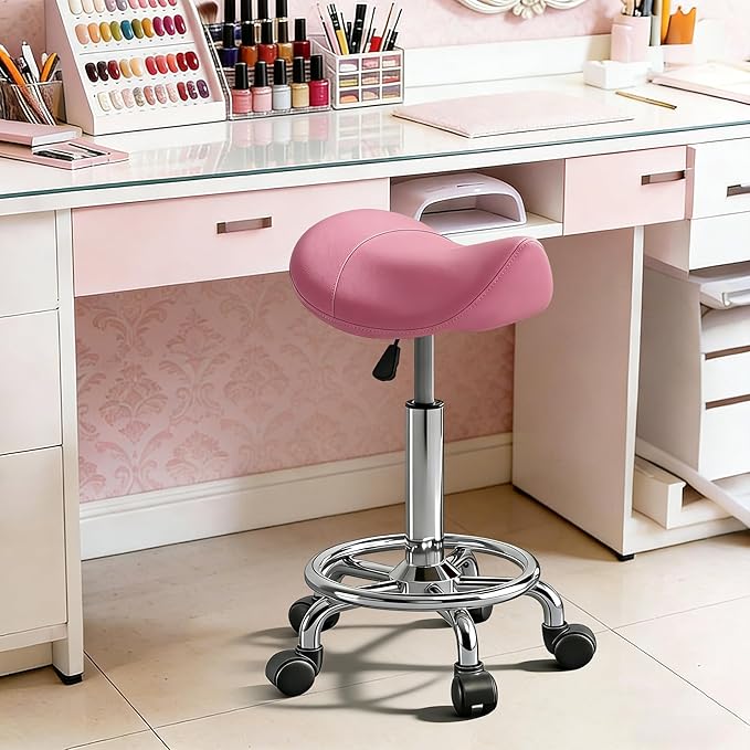 Saddle Stool, Adjustable Height Ergonomic Swivel Chair with Wheels, PU Leather Saddle Seat with Ring Pedal for Salon, Massage, Clinic, Lab, and Office