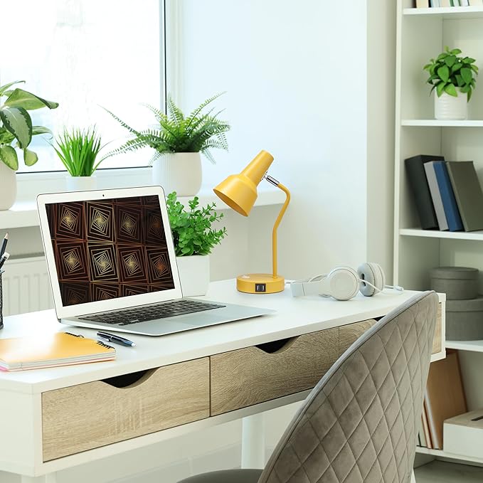 Simple Designs LD1072-YLW 15.2" Sleek Essentials Metal Cone Shade Desk Lamp with Adjustable Shade and Dual USB Ports, for Office, Desk, Nightstand, Dorm, Yellow