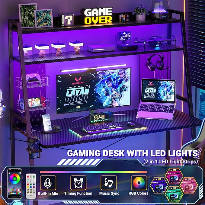 Besiost Gaming Desk with Hutch and LED Lights, Gaming Computer Desk with Power Outlets, Gamer Desk with Storage Shelves, PC Game Desks with Pegboards, for Bedroom, Carbon Fiber Black, 49"