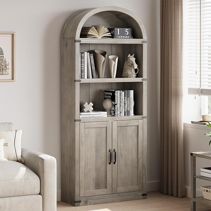 GarveeHome Bookcase with Doors Arched Bookshelf 71.65 in Tall Bookcase Farmhouse Cabinet with Shelves Wooden Bookshelves for Home Office, Living Room (Grey)