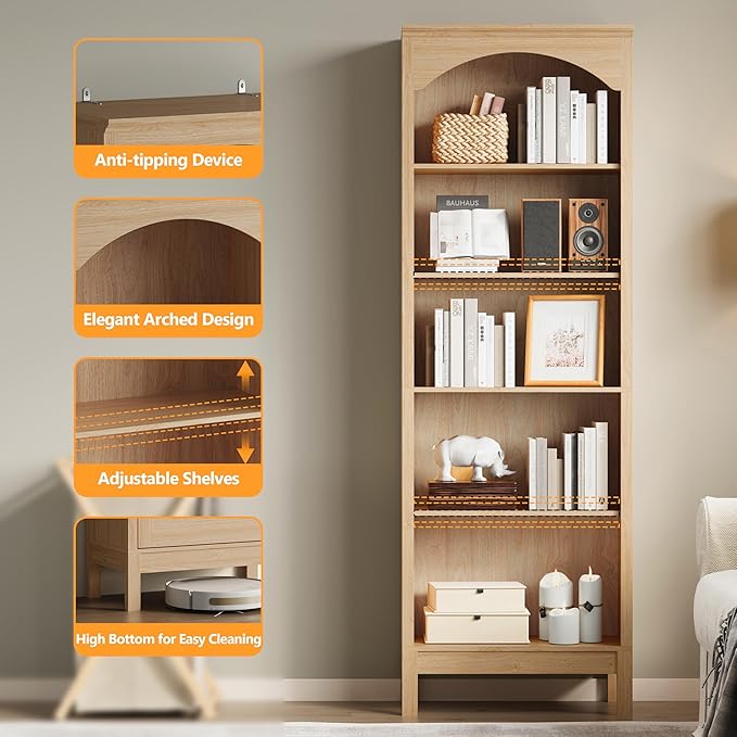 Arched Set of 2 Bookshelf with 5 Tier Open Shelves, 71" Tall Wood Bookcase with Adjustable Shelves, 24" Wide Floor Standing Display Storage Shelf for Home Office, Kitchen, Living Room, Natural Oak