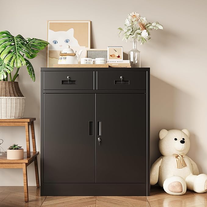 Metal Storage Cabinet with 2 Drawers, 36" H Locking Storage Cabinet, Metal Cabinets with Doors and Shelves for Home, School, Office, Garage, Black