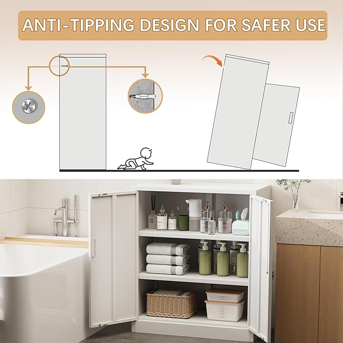 Metal Storage Cabinet, 36" H Locking Storage Cabinet, Metal Cabinets with Doors and 2 Adjustable Shelves for Home, School, Office, Garage, White