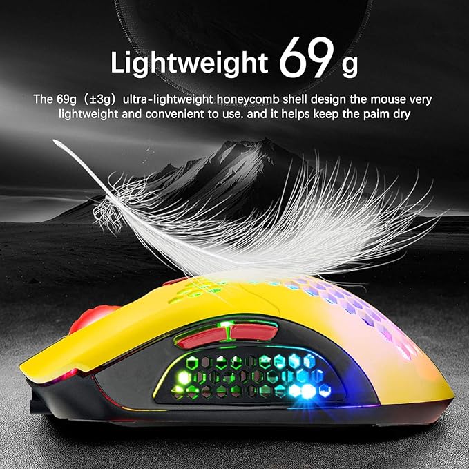 Wireless Gaming Mouse,16 RGB Backlit Ultralight Wireless/Wired Mice with Programmable Driver,Rechargeable 800mA Battery,Pixart 3325 12000 DPI,Lightweight Honeycomb Shell for PC Gamers (Yellow)