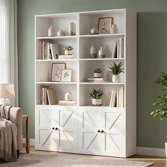 YESHOMY Farmhouse Bookshelf and Bookcase with Doors, Industrial Bookshelves and Bookcases Floor Standing Display 6-Tier Shelf Storage Shelves 71.5 inchs for Home Office, Living Room, White, 2 PCS