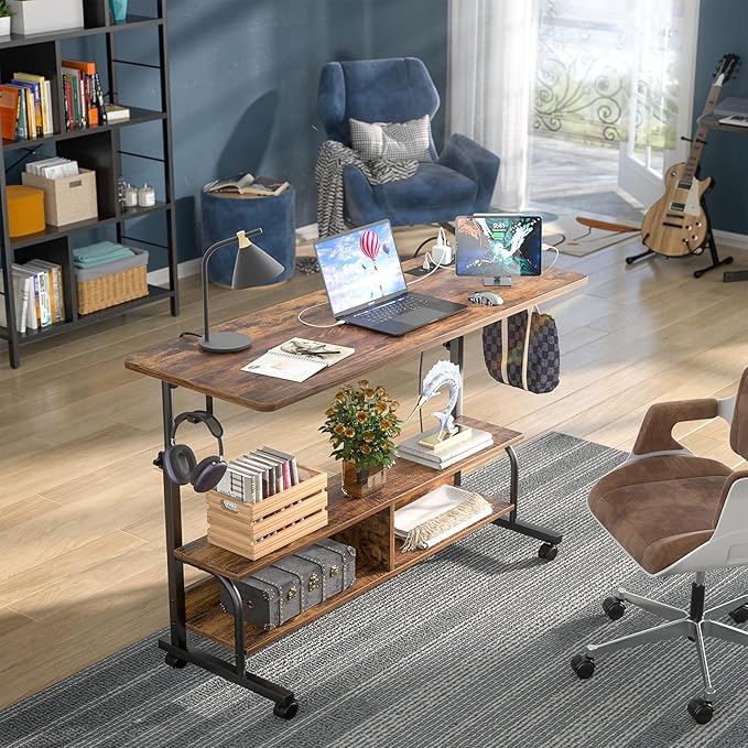 Armocity Rolling Standing Desk with Power Outlets, 47" Manual Height Adjustable Mobile Computer Desk with Wheels, Portable Sit Stand Laptop Couch Table for Bed & Sofa Home Office, Rustic Brown