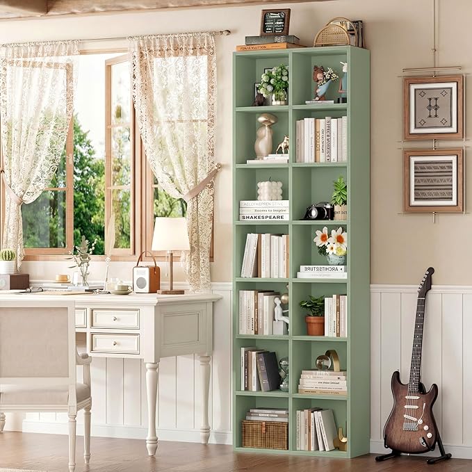 FOTOSOK 71'' Tall Bookshelf with 14 Cubes, 7 Tier Double Wide Bookshelf with 6 Adjustable Shelves, 19.6" Narrow Bookcase DVD/CD Media Storage Shelf, Space Saving Display Shelf Cabinet, Green