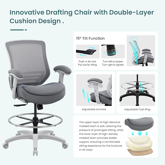 BOLISS 400lbs Mid Back Mesh Ergonomic Office Drafting Chair Big Adjustable Foot Ring Height Adjustable Armrest (Grey)