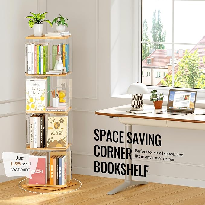 TAKEKIT Rotating Bookshelf, 360 Degree Revolving Bookcase, 4-Tier Spinning Bookshelf, Clear Acrylic & Solid Wood Rotating Bookcase for Kid’s Playroom, Bedroom and Living Room, Square