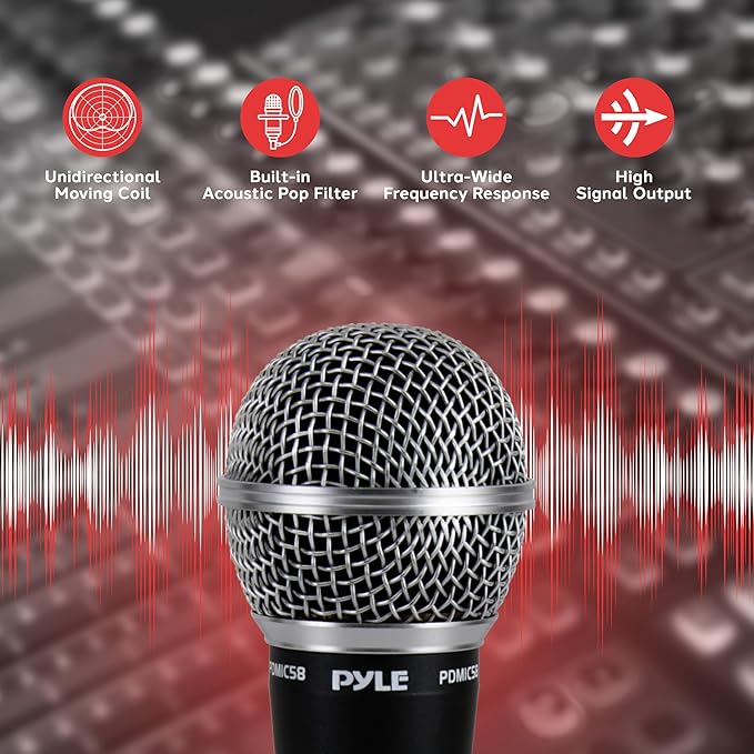 Pyle Microphone, Dynamic Cardioid, XLR Cable Included, Unidirectional, Rugged Construction, Built-in Pop Filter, Perfect for Stage & Studio, High Gain, Ultra-Wide Frequency Response, 15ft Cable