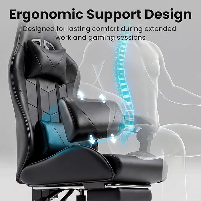 Ergonomic Gaming Chair, Desk Chair with Headrest & Lumbar Support, 90°-150° Reclining Backrest & Footrest, 361° Swivel Height Adjustable Computer Chair, High Back for Adults