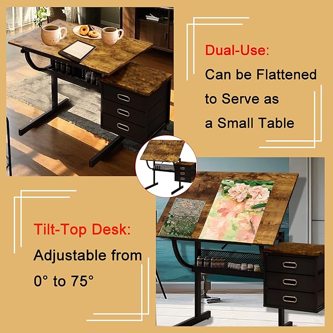 Drafting Table, Tilting Tabletop Artist Desk w/3 Storage Drawers & Stool, Craft Drawing Table for Painting, Sketching, Home Office, Art Studio, Classrooms (Wood+Black)
