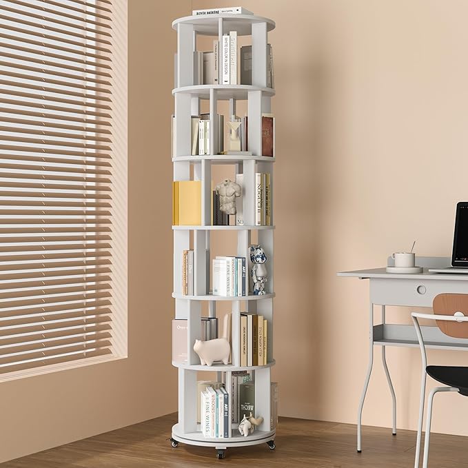 IUNVR Rotating Bookshelf, 6 Tier Solid Wood Bookshelf Tower with Lockable Wheels, 360° Spinning Revolving Bookcase for Small Spaces, Corners, Bedroom, Kids Room, Home Office, White