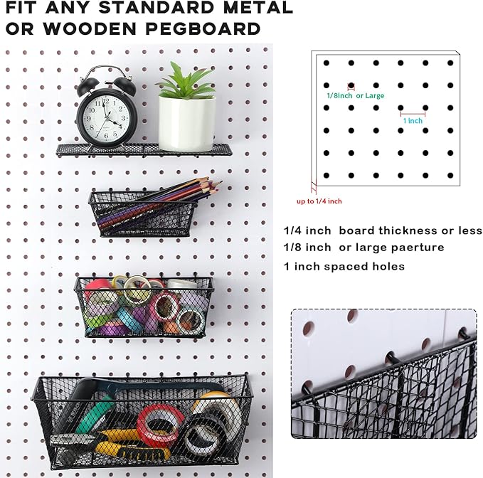 Sieral 6 Pieces Pegboard Baskets Wall Mount Wire Peg Board Baskets 3 Sizes Pegboard Accessories Slatwall Bins Basket Home Garage Hanging Organizer for Tools and Craft(Black)