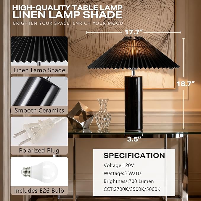 EOEYYOYB Ceramic Table Lamps for Bedroom, Adjustable Shade Lamps for Night Stands, Modern Cylindrical Nightstand Table Lamps 5W E26 for Bedroom Bedside Buffet, Black
