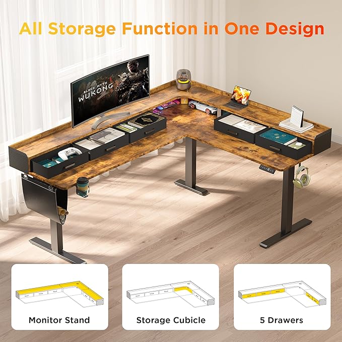 WALKINGDESK 75 Inches Height Adjustable L Shaped Standing Desk with 5 Drawers and Monitor Shelf, Electric Sit to Stand Home Office Comupter Table, Ergonomic Corner Gaming Desk, Rustic Brown