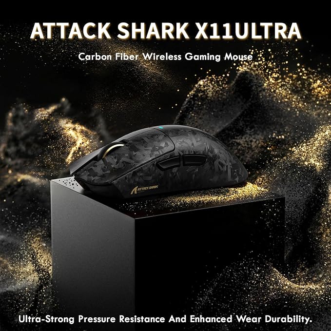 ATTACK SHARK X11ULTRA Carbon Fiber Wireless Esports Gaming Mouse,8k Polling,42000DPI,PAW3950MAX Sensor,63g Ultra-Ligh Ergonomic Gaming Mice,with RGB Coiled Cable-Metallic Black