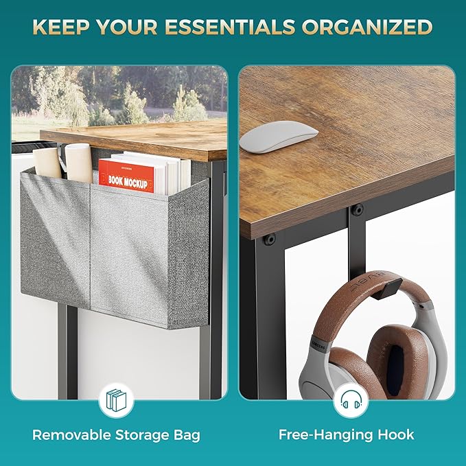 OLIXIS 47 Inch Computer Office Desk for Small Spaces, Writing Gaming Work Desk Modern Study Table with Storage Bag & Headphone Hook Home Bedroom, Rustic Brown