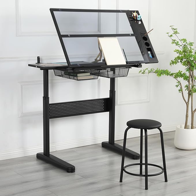 Adjustable Drawing Table for Artists | Drafting Desk with Tilted Glass Top | Art & Craft Table for Adults (Black, Premium Solid Limited Edition-29.52''- 41.33'' H)