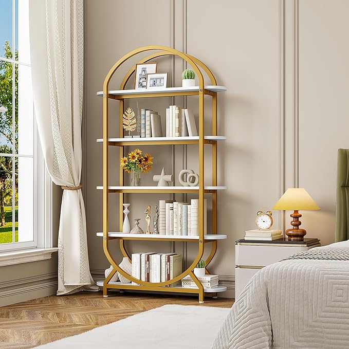 Jehiatek Arched Bookshelf Bookcase, 71 Inches Tall Industrial Book Shelf with Sturdy Metal Frame, E1 Quality Boards, Freestanding Display Shelving Unit, Gold