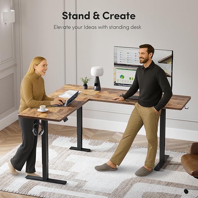 CubiCubi L Shaped Standing Desk 63 x 55 Inch Adjustable Height, Electric Corner Desk, Sit Stand Home Office Desk with Splice Board, Rustic Brown