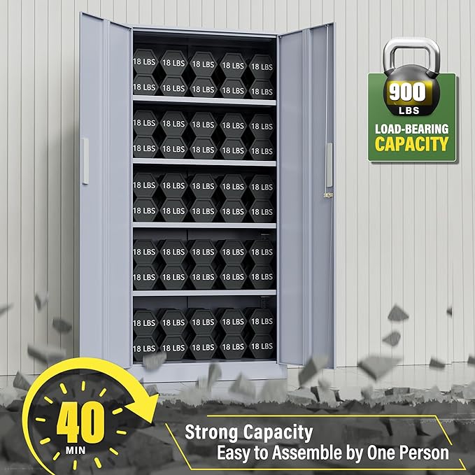 Greenvelly Metal Storage Cabinet,Dark Gray Steel Garage Cabinet with Doors and Adjustable Shelves, Metal Cabinet with Lock,Garage Cabinets and Storage System for Garage,Home Office,School