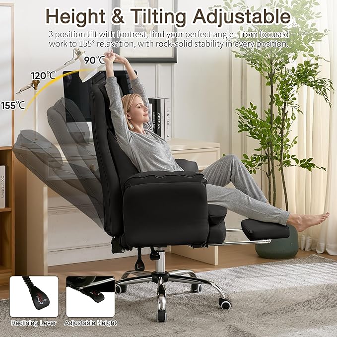 Ergonomic Cloud Cross Legged Office Chair with Footrest,Leather Big and Tall Executive Chair with Wheels,Reversible Armrest,155° Reclining Computer Wide Desk Chair for Home,Office (Black)