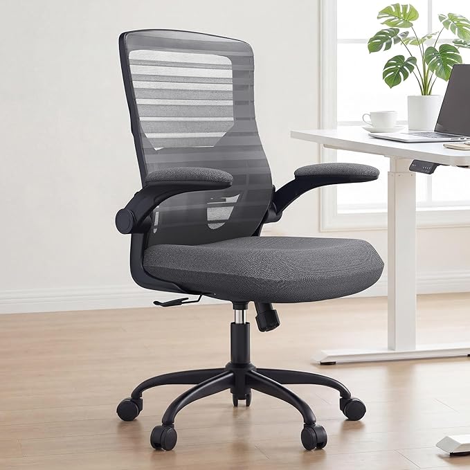 Office Desk Chair for Long Hours & Back Pain Relief – 4“ Thick Molded Foam Cushion, Enhanced Lumbar Support, Padded Flip-up Armrests, Ideal for Office or Study, Dark Gray