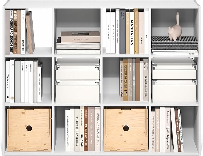 Furinno PELLI Book Shelf, 12-Cube Bookshelf, Cube Storage Organizer Bookcase, 11.7 x 47.6 x 36, for Living Room, Bedroom, Home Office, White