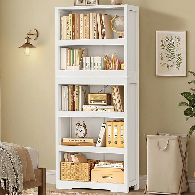 TEENFON 64.2" Bookcase, 5-Tier Open Bookshelves and Bookshelf, Freestanding Display Storage Shelves with Storage Cabinet for Bedroom, Living Room and Office