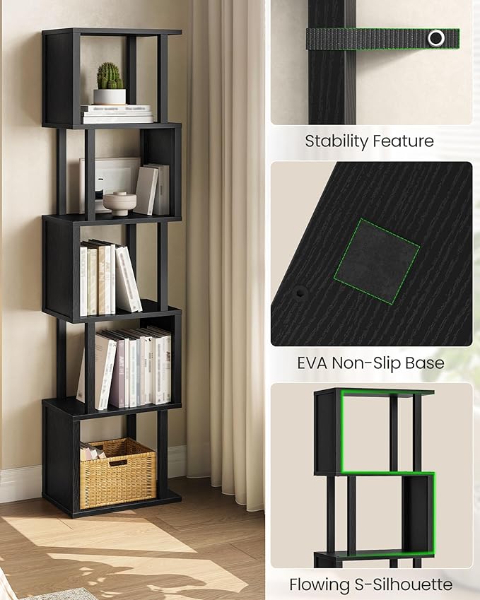 CHOEZON S-Shaped 5-Tier Bookshelf, 58.1-Inch Tall Bookcase with Anti-Tip Kit, Open Display Shelf for Living Room, Office, Bedroom Storage, Black MSJ01BB