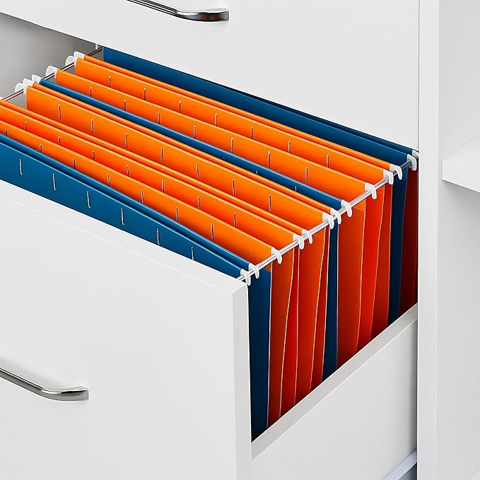Relaxdays Rolling Container, 3 Drawers, 2 Compartments, Hanging Files, H x W x D: 66 x 80 x 40 cm, Lockable Filing Cabinet, White