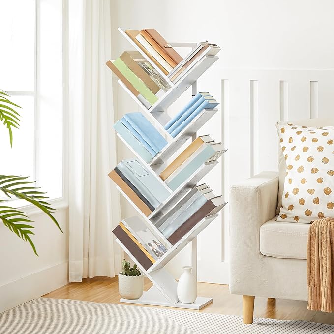 HOOBRO Tree Bookshelf, 9-Tier Bookcase Wooden Shelves, Floor Standing Storage Rack, for Display of CDs, Books in Living Room, Home Office, Wood Storage Rack for Bedroom, White WT08SJ01G1