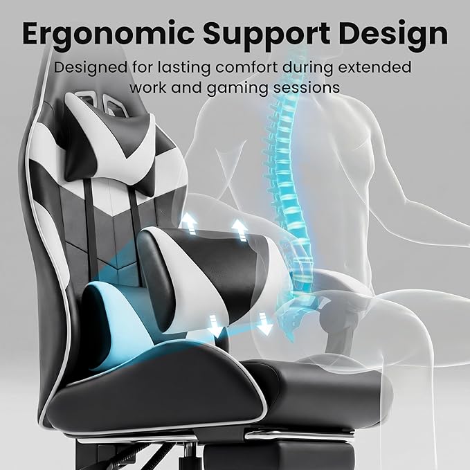 Computer Gaming Chair with Footrest, Ergonomic High Back Desk Chair with 90°-150° Reclining Function, Swivel Seat & Lumbar Support