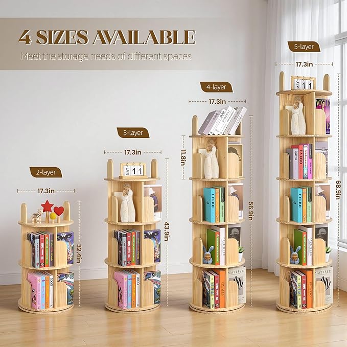 Kryonix Rotating Bookshelf for Kids, Solid Pine Wood Spinning Bookshelf Tower 2 Tier, 360° Revolving Bookcase, Multi-Functiona Corner Round Turning Book Shelf Organizer for Small Spaces