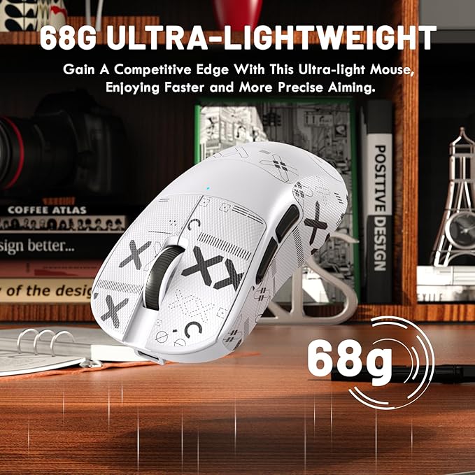 ZIYOU LANG×Magic-Refiner X2 Lightweight Wireless Gaming Mouse,Tri-Mode(2.4G/Wired/BT),25KDPI,PAW3311 Optical Sensor,1000Hz Polling Rate,500mAh,69g Ergonomic Mice for Medium-Large Hands-White&Sticker