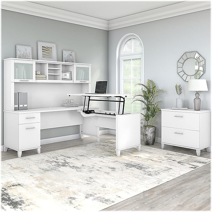 Bush Home Somerset 72W 3 Position Sit to Stand L Shaped Desk with Hutch and File Cabinet in White