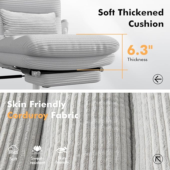 GXJ Criss Cross Chair with Wheels & Flip-up Arms, Executive Office Chair with Foot Rest, Swivel Cross Legged Office Chair with Lumbar Pillow, Corduroy Comfy Computer Desk Chair for Home, Grey