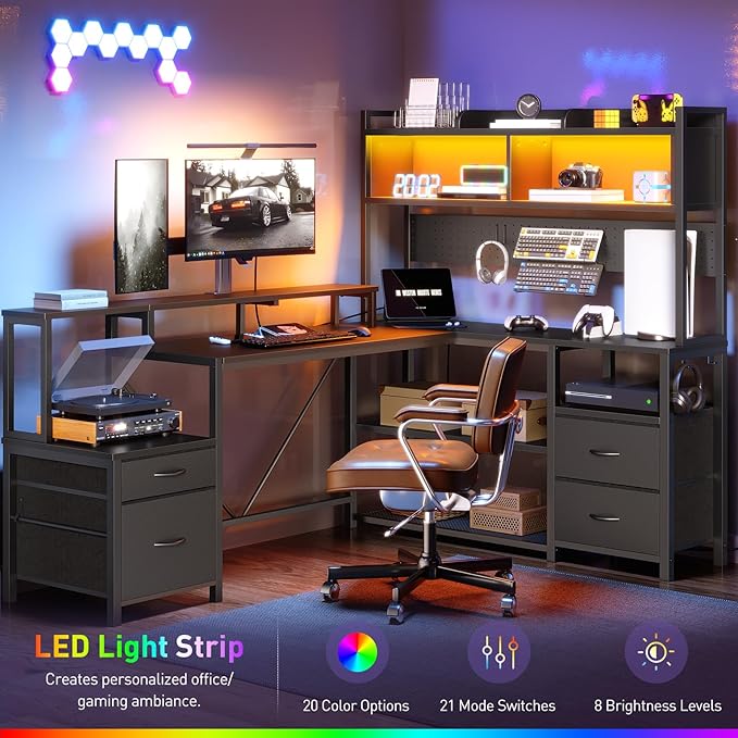 RALGEND 75inch L Shaped Computer Desk with Drawers, Large Gaming Desk with LED Light & Power Outlets, Corner Computer Desk with Storage Shelves & Monitor Stand for Home Office, Black