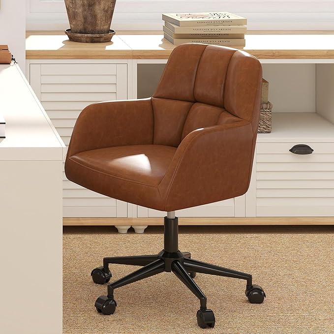 HNY Modern PU Leather Office Desk Chair, Height Adjustable Comfy Swivel Vanity Make up Chair with Wheels for Living Room Home Office Computer, Brown