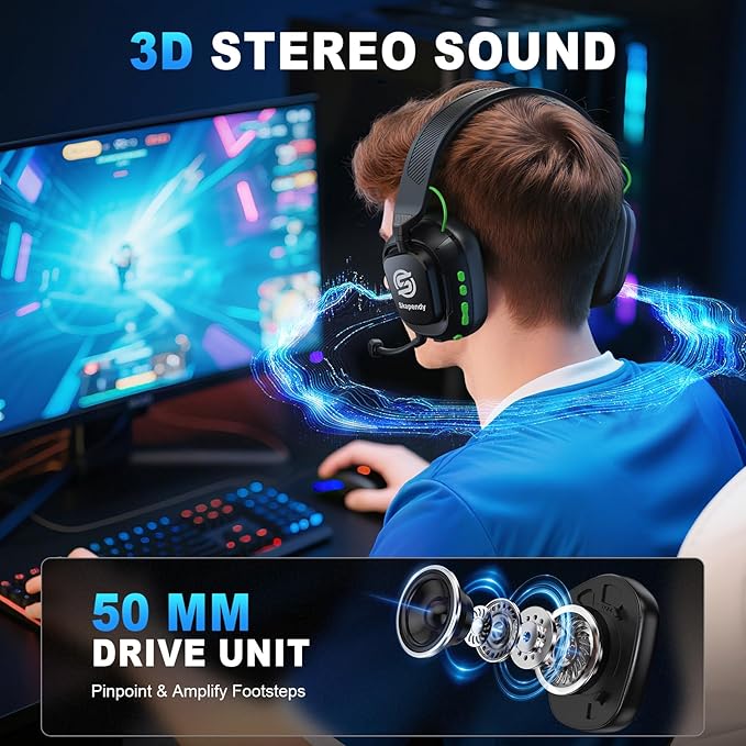 2.4GHz Wireless Gaming Headset for PC, PS5, PS4, Switch & Mac, Bluetooth Headset with Noise Canceling Microphone, Low-Latency Stereo Audio, 50mm Drivers, Up to 50H Battery, Lunar Black