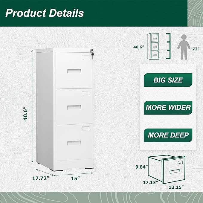 Superday 3 Drawer File Cabinets, 18” D Vertical File Cabinet with Lock, Locking Filing Cabinet for Home Office, White Metal Filing Cabinets for Hanging Letter/Legal Folders, Easy Assemble