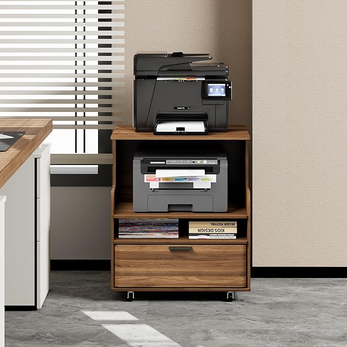 Rolling Printer Stand with Drawer and 3-Tier Storage Shelves, Mobile Wood 3D Printer Cart Under Desk with Wheels, for Home Office Small Spaces Organization, Walnut
